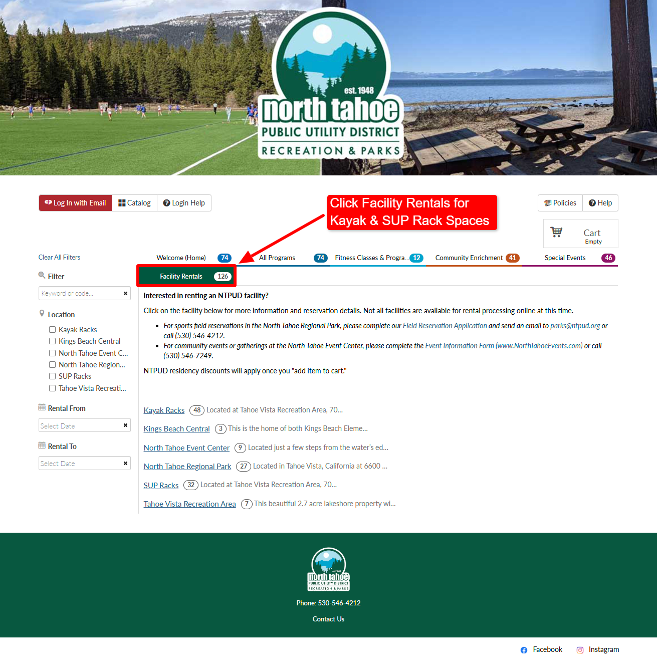 FacilityRentalsTab screenshot of civic rec regisrttion page