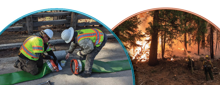 bottomimgs workers working on hose left, firefighters fighting forest fire on right.
