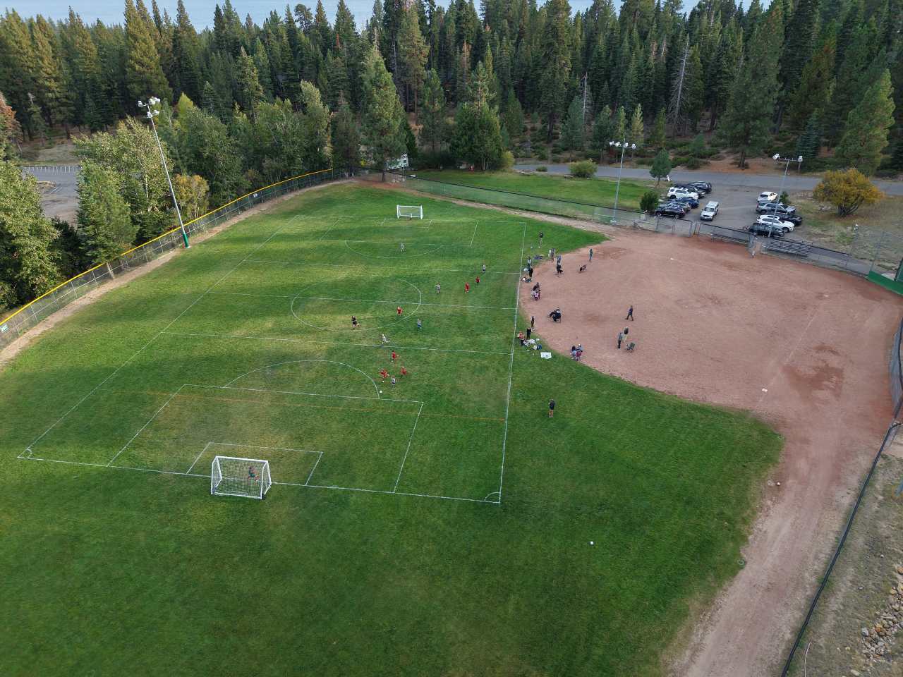 View of Field 1 set up with soccer goals and lines