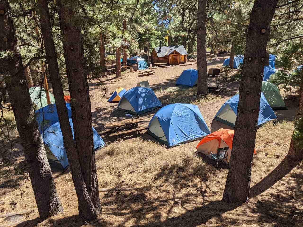 Tents set up outside of Lewellen Scout Cabin