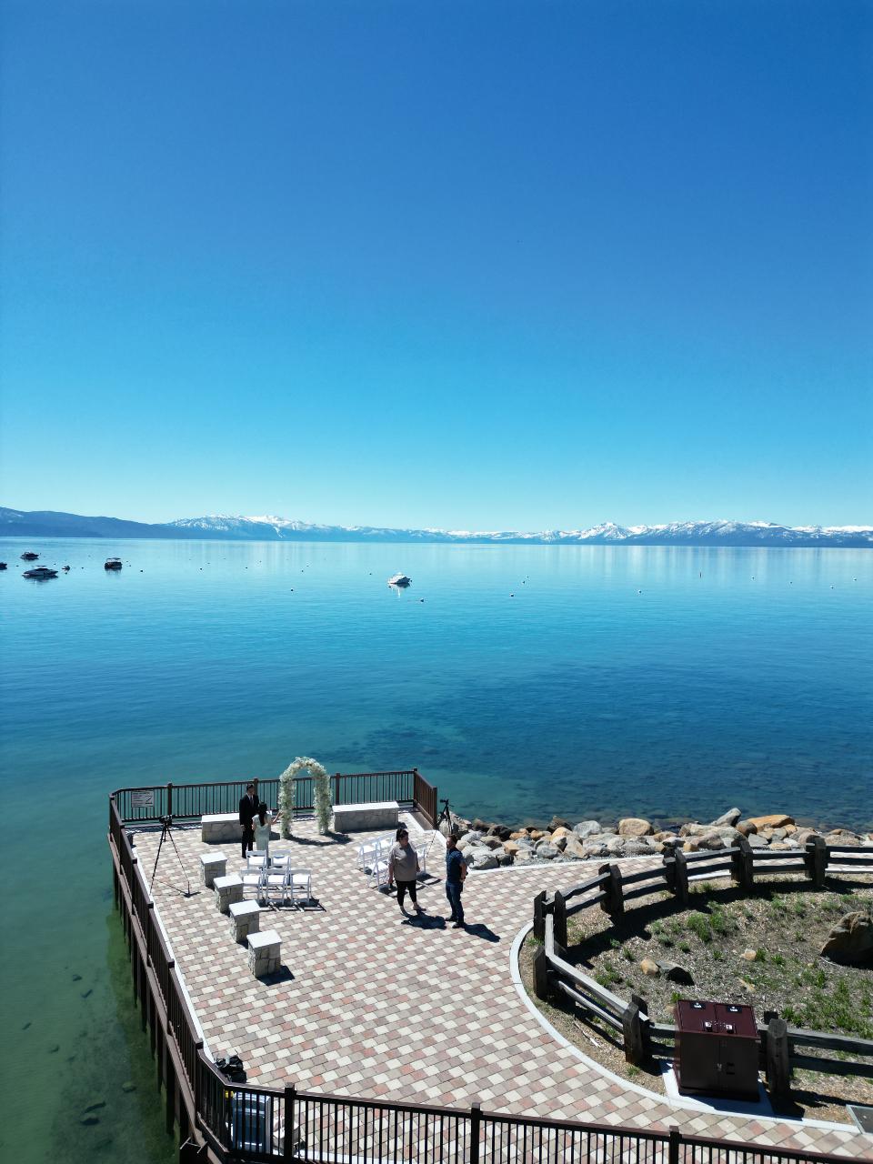 scenic overlook set up as a ceremony space on Lake Tahoe's blue waters